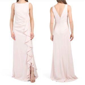 CARMEN MARC VALVO Boat Neck Ruffle Gown